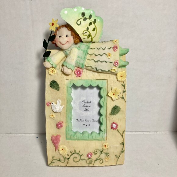 Vintage Elizabeth Andrews Angel Flower Resin Photo Picture Frame Hearts Dove - Picture 2 of 10